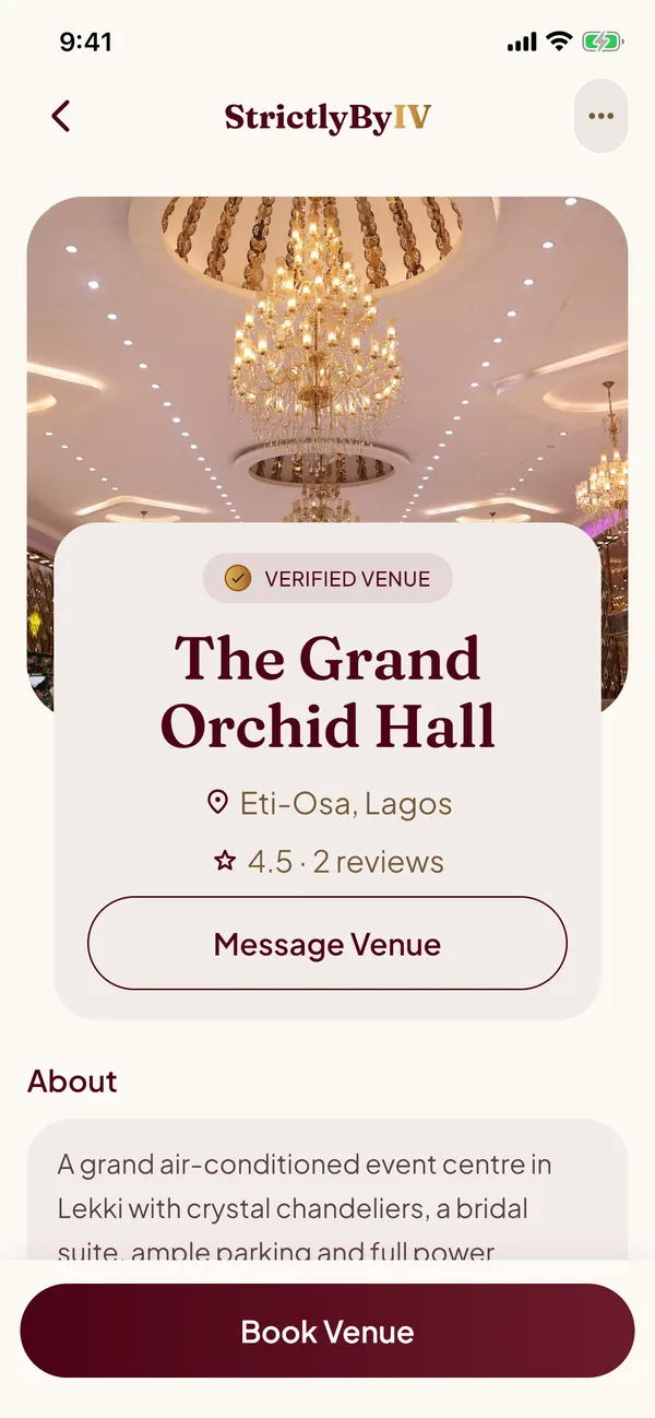 A venue profile with photos and rating